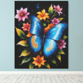 Een blauwe vlinder op een bloem canvas afdruk (Insitu (Houten vloer))