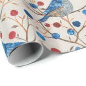 Een blauwe vogel die op een tak zit met rode besse cadeaupapier (Rol Hoek)