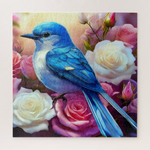 Een blauwe vogel op een cluster van bloeiende roze legpuzzel