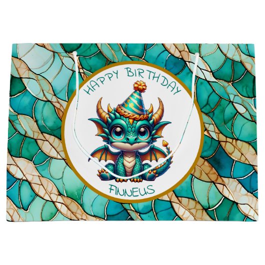 Een Blauwgroen en Gouden Draak Gepersonaliseerde J Groot Cadeauzakje (Voorkant)