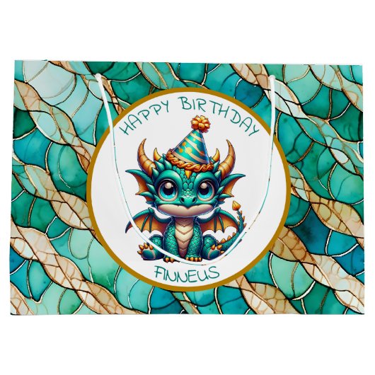 Een Blauwgroen en Gouden Draak Gepersonaliseerde J Groot Cadeauzakje (Achterkant)