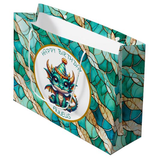 Een Blauwgroen en Gouden Draak Gepersonaliseerde J Groot Cadeauzakje (Voorkant Gekanteld)