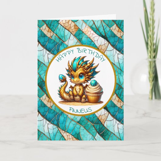 Een Blauwgroen en Gouden Draak Gepersonaliseerde J Kaart (Voorkant)