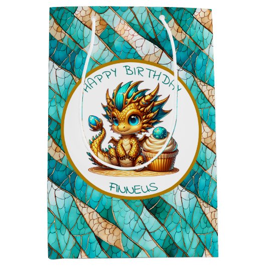 Een Blauwgroen en Gouden Draak Gepersonaliseerde J Medium Cadeauzakje (Voorkant)