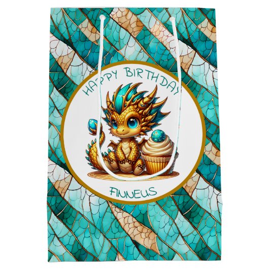 Een Blauwgroen en Gouden Draak Gepersonaliseerde J Medium Cadeauzakje (Achterkant)