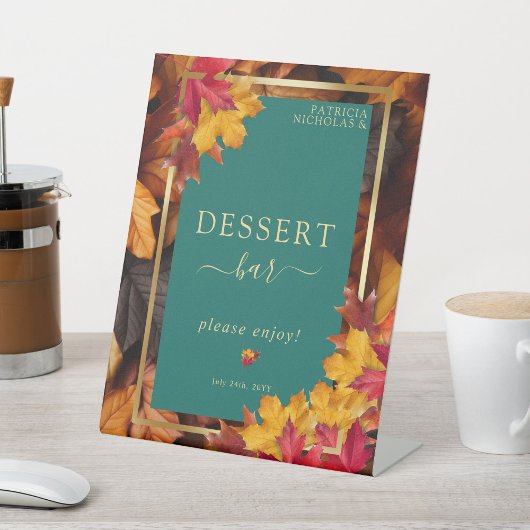 Een Blauwgroen & Herfst Fantasy Gold Rustic Desser Reclamebord Met Voetstuk