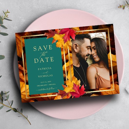 Een Blauwgroen & Herfst Fantasy Gold Rustic Reveri Save The Date