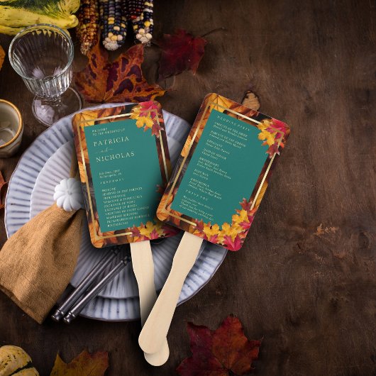 Een Blauwgroen & Herfst Fantasy Gold Rustiek Trouw Handwaaier