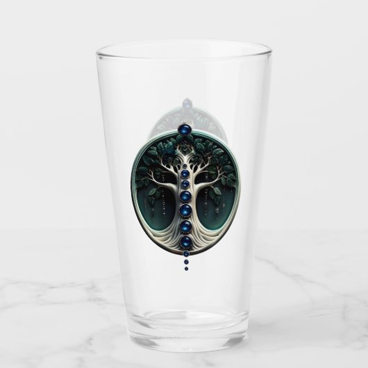 Een blauwgroen, mystieke levensboom. glas (Voorkant)