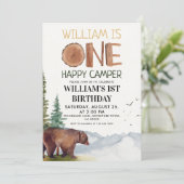 Eén blije kampeerbeer waterverf bos kaart (Staand voorkant)