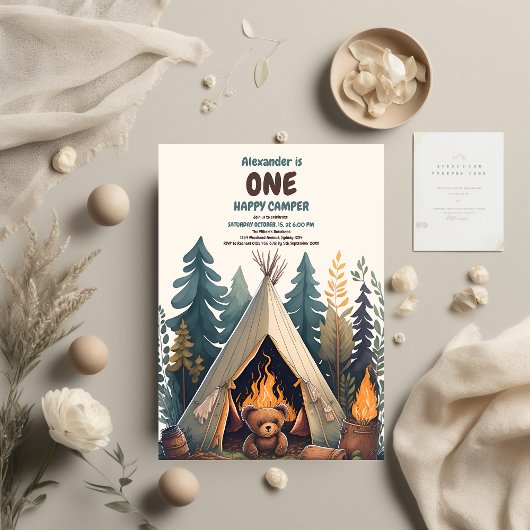 Eén blije kampeerder Houten jongens 1e verjaardag Kaart