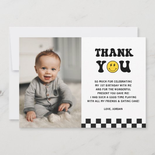 Eén blije kerel jongen 1e verjaardag foto bedankkaart (Voorkant)