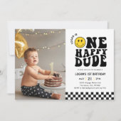 Eén blije vent lachend gezicht 1e verjaardag foto kaart (Voorkant)