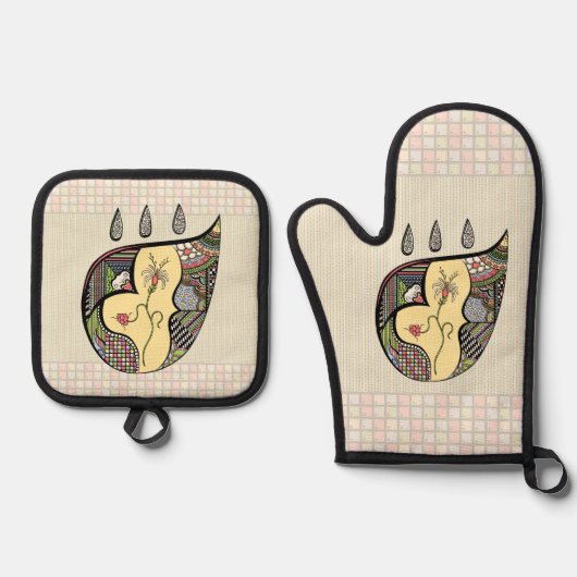 Een bloem binnenin ovenwant & pannenlap set (Voorkant)