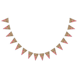 Een bloemig ontwerp met levendige roze pioenen op vlaggetjes