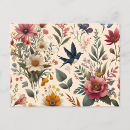 Een bloemig patroon met een vogel eroverheen uitnodiging briefkaart