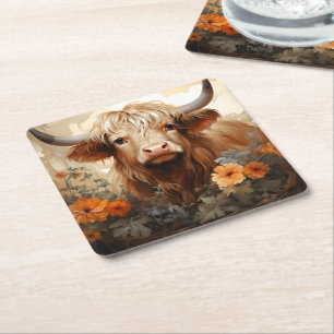 Een bloemige Highland Cow serie ontwerp 2 Kartonnen Onderzetters
