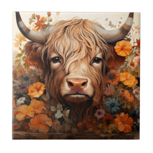 Een bloemige Highland Cow-serie ontwerp 3 Tegeltje