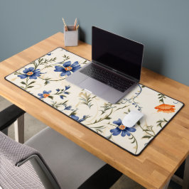 Een bloempatroon bevat levendig blauwe en oranje  bureaumat
