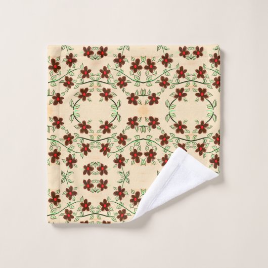 Een bloemrijke handdoek set in chocoladebruin en r (Wasdoekje)