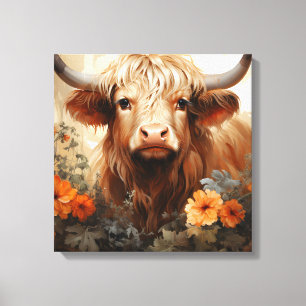 Een bloemrijke Highland Cow-serie ontwerp 2 Canvas Afdruk