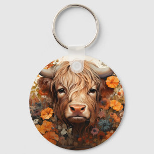 Een bloemrijke Highland Cow-serie ontwerp 3 Sleutelhanger