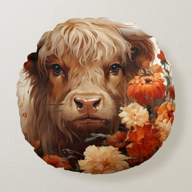 Een bloemrijke Highland Koe serie Design 1 Rond Kussen (Voorkant)
