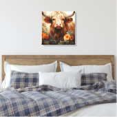 Een bloemrijke Highland Koe serie Design 2 Canvas Afdruk (Insitu (Slaapkamer))