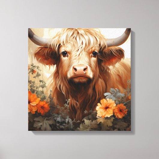 Een bloemrijke Highland Koe serie Design 2 Canvas Afdruk (Voorkant)
