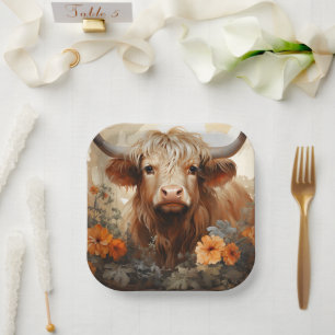 Een bloemrijke Highland Koe serie Design 2 Papieren Bordje
