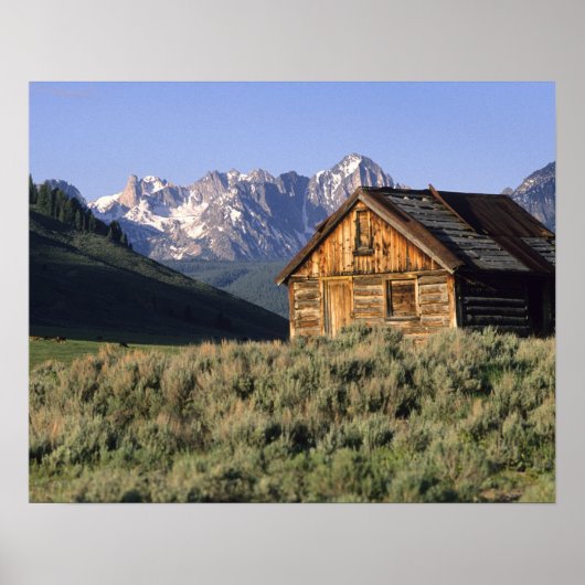 Een blokhut en de Sawtooth Mountains in Poster (Voorkant)