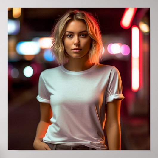 Een blond model met een Gildan shirt Poster (Voorkant)