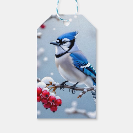 Een Blue Jay op een Snowy Branch Christmas Cadeaulabel (Voorkant)