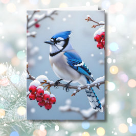 Een  Blue Jay op een Snowy Branch Christmas Kaart