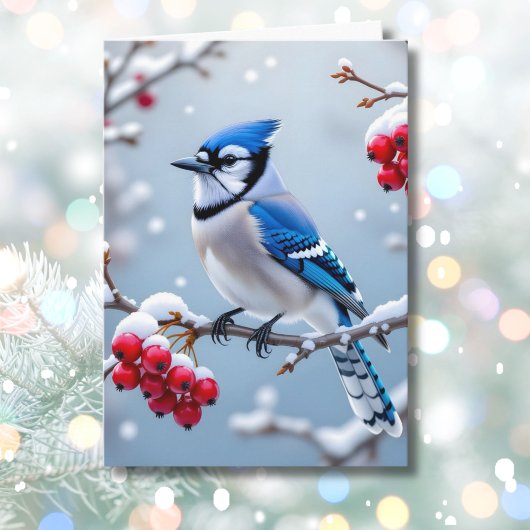 Een  Blue Jay op een Snowy Branch Christmas Kaart