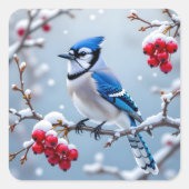 Een  Blue Jay op een Snowy Branch Christmas Vierkante Sticker (Voorkant)