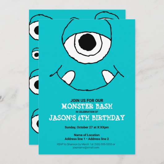 Een Blue Monster Bash! Schattigee Monster Party no Kaart (Voorkant / Achterkant)