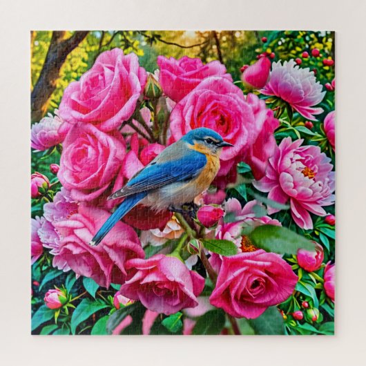 Een bluebird bovenop rozen legpuzzel (Verticaal)