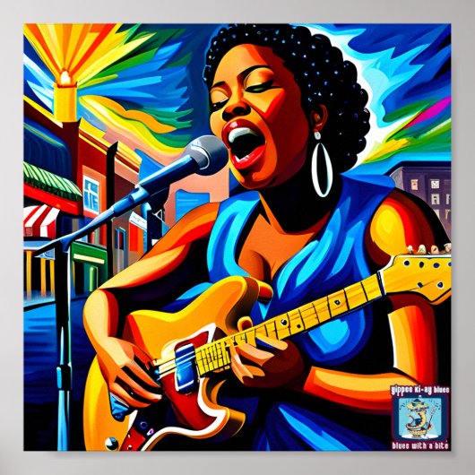 Een Blues Vrouw Gitarist op straat Poster (Voorkant)