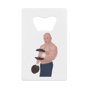 Een bodybuilder die papa traint met dumbbels creditkaart flessenopener