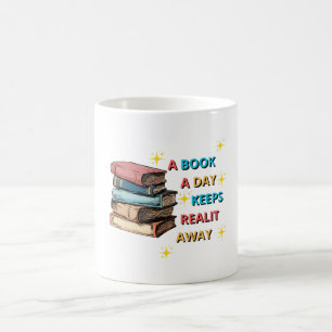 Een boek per dag houdt de werkelijkheid weg koffiemok