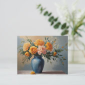 Een boeket bloemen in een blauw vaas briefkaart (Staand voorkant)