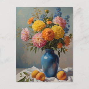 Een boeket bloemen in een blauwe vaas briefkaart