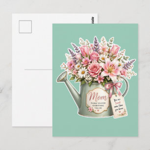Een boeket bloemen in een gietkan voor mama briefkaart