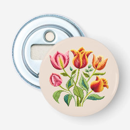Een Boeket Rode Tulpen Knoop Flesopener Button Flesopener