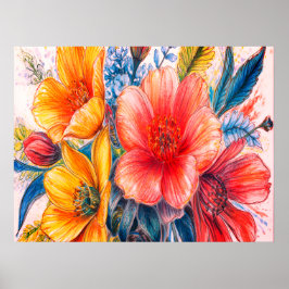 Een Boeket Van Mooie Bloeiende Bloemen op een Muur Poster