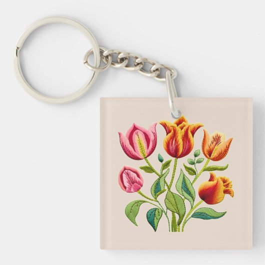 Een Boeket van Rode Tulpen Acryl Sleutelhanger  (voorkant)