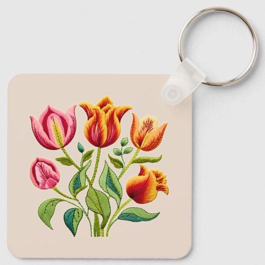 Een Boeket van Rode Tulpen Sleutelhanger (Achterkant)
