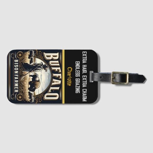 Een boer die naar bizons neigt in gouden velden bi bagagelabel (Voorkant (horizontaal))