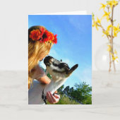 Een Boerderij meisje en haar geit - Blank Wenskaar Kaart (Gele Bloem)